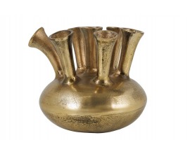 Art deco kulatá zlatá váza Nova z kovu s patinou a atypickými válcovými sedmi otvory 33 cm