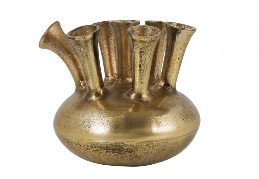 Art deco kulatá zlatá váza Nova z kovu s patinou a atypickými válcovými sedmi otvory 33 cm