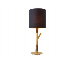Stylová glamour noční lampa Mervik s nohou ze dřeva v naturální hnědé barvě s výraznou strukturou s moderním detailem ve tvaru větve a kulatou podstavou z kovu ve zlaté barvě s kulatým textilním stínítkem v černé barvě