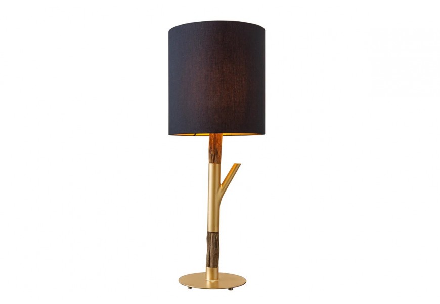 Stylová glamour noční lampa Mervik s nohou ze dřeva v naturální hnědé barvě s výraznou strukturou s moderním detailem ve tvaru větve a kulatou podstavou z kovu ve zlaté barvě s kulatým textilním stínítkem v černé barvě