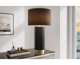 Modern&iacute; čern&aacute; stoln&iacute; lampa Draconia se zlat&yacute;mi kovov&yacute;mi detaily a keramickou podstavou s pleten&yacute;m designem 70 cm
