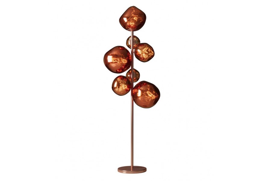 Glamour stojací lampa Liquido s bronzovou kovovou konstrukcí a sedmi organickými skleněnými stínítky v měděnohnědém odstínu