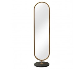 Art deco šatní zrcadlo Auri stojící oválné se zlatým kovovým rámem a černou kulatou podstavou s dýhou 172 cm