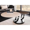 Art deco otočný kulatý konferenční stolek Delin se dvěma deskami z béžového travertinu a kovu s černou otočnou podstavou 135 cm