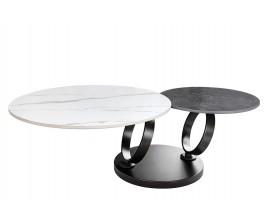 Art deco konferenční stolek Delin kulatý se dvěma keramickými deskami v mramorovém dekoru na černé podstavě 135 cm