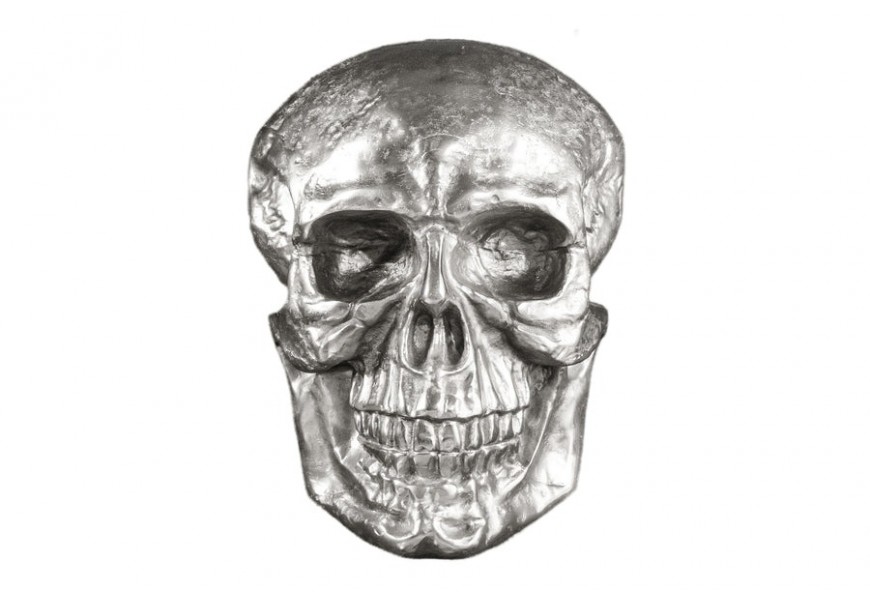 Glamour art deco nástěnná dekorace Skull velká kovová lebka v lesklé stříbrné barvě se zadním úchytem na zavěšení
