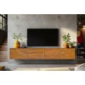Art deco masivní nástěnný TV stolek Cumbria z mangového hnědého dřeva s reliéfem paprsků a čtyřmi dvířky 200 cm
