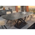 Designový šedý rozkládací jídelní stůl Lutz s oválnou keramickou deskou s bílými žilkami a černou kovovou podstavou 190 cm