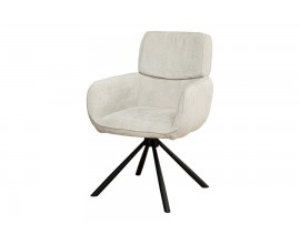 Designové moderní béžové křeslo Chenill zaoblených tvarů se strukturovaným žinylkovým potahem s dekorativním lemováním s opěrkami na ruce se čtyřmi černými matnými nožičkami z kovu
