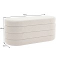 Moderní oválná lavice Eliana s vrstveným designem a úložným prostorem v béžové bouclé tkanině 112 cm