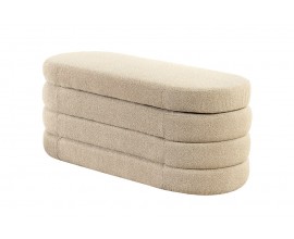 Moderní oválná lavice Eliana s vrstveným designem a úložným prostorem v béžové bouclé tkanině 112 cm