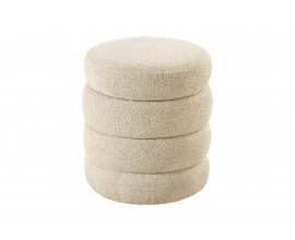 Moderní kulatá taburetka Eliana s vrstveným designem a úložným prostorem v béžové bouclé látce 49 cm