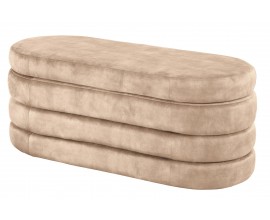 Moderní oválná lavice Eliana s vrstveným designem a úložným prostorem v šampaňské béžové sametové látce 113 cm