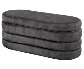 Moderní oválná lavice Eliana s vrstveným designem a úložným prostorem v černé sametové látce 113 cm
