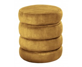 Moderní kulatá taburetka Eliana s úložným prostorem a sametovým hořčicově žlutým potahem s vrstveným designem 49 cm