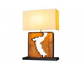 Koloniální čtvercová stolní lampa Arbaro z hnědého suarového dřeva s organickým výřezem s bílým stínítkem 58 cm