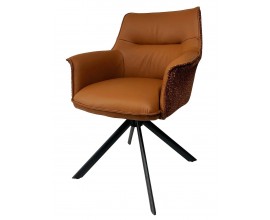 Designová moderní kožená hnědá jídelní židle Corvin s textilním potahem s dekorativním prošíváním s opěrkami na ruce s prodlouženou zádovou opěrkou s kovovými černými vyosenými nožičkami