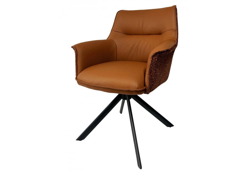 Designová moderní kožená hnědá jídelní židle Corvin s textilním potahem s dekorativním prošíváním s opěrkami na ruce s prodlouženou zádovou opěrkou s kovovými černými vyosenými nožičkami