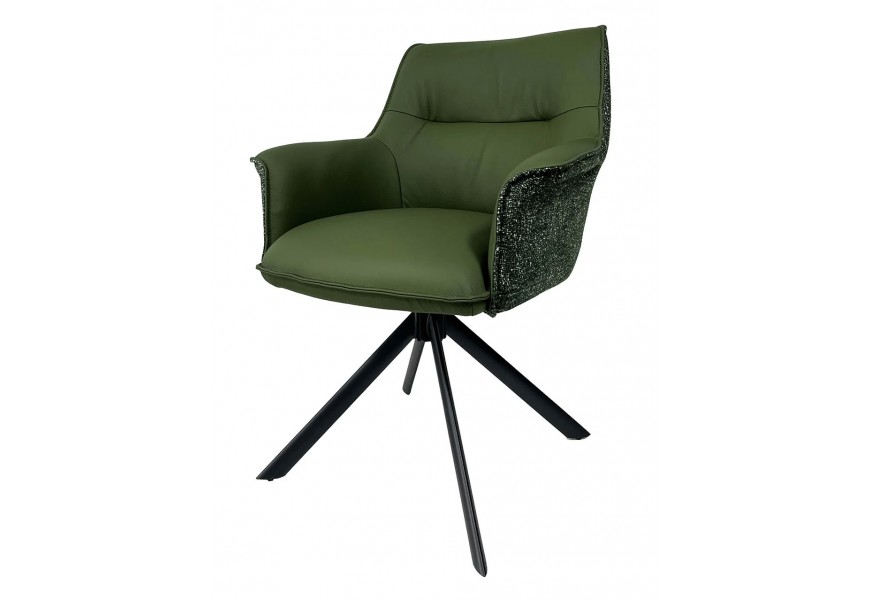 Designová moderní tmavě zelená kožená otočná židle Corvin s opěrkami na ruce s prodlouženou zádovou opěrkou s textilním potahem s dekorativním prošíváním s kovovými černými nožičkami
