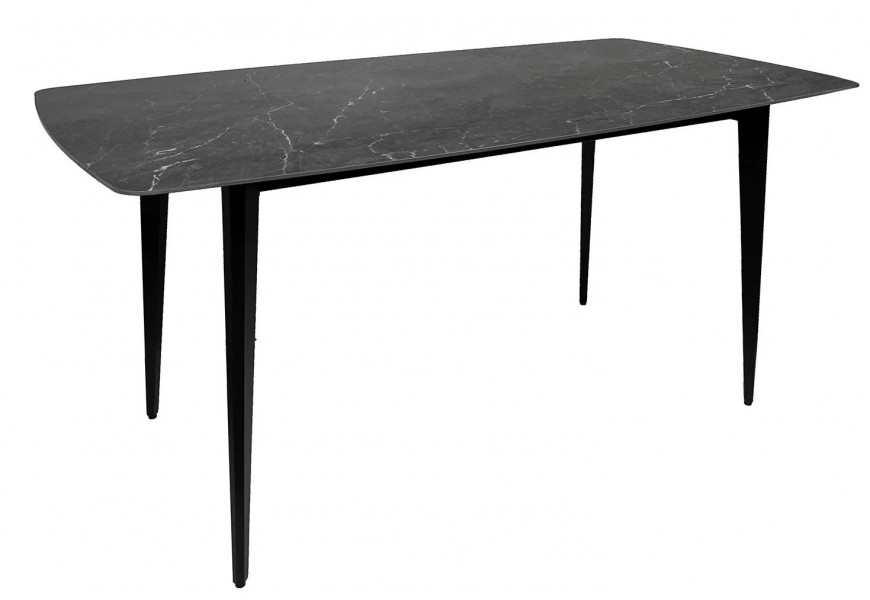 Designový moderní černý mramorový jídelní stůl Tazer z keramiky s obdélníkovou deskou s keramiky se zaoblenými hranami se štíhlými kovovými nožičkami