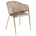 Designová glamour čalouněná jídelní židle Sionna s opěrkami na ruce a béžovým potahem ze sametu se šikmými nožičkami z kovu s lesklou zlatou povrchovou úpravou