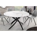 Moderní kulatý jídelní stůl Valldemossa s bílou vrchní deskou s mramorovým designem a překříženýma nohama 120 cm