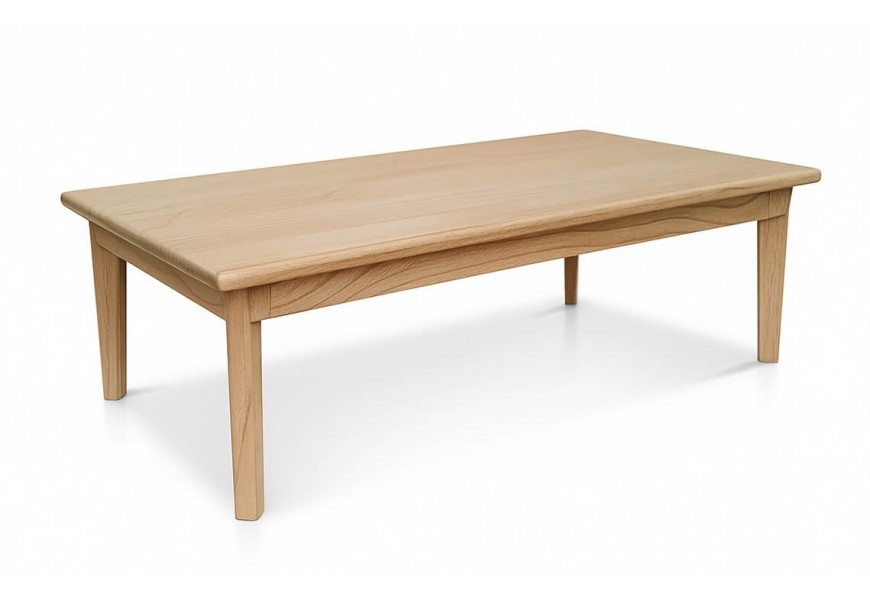 Designový masivní minimalistický konferenční stolek Bergen ze dřeva mindi s obdélníkovou vrchní deskou a čtyřmi hranatýma nohama ve světle hnědé barvě s jemnou přírodní kresbou letokruhů