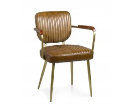 Designová retro kožená jídelní židle Denver v hnědé barvě s dekorativním prošíváním s opěrkami na ruce s dřevěnou plochou s kovovými nožičkami ve zlaté barvě