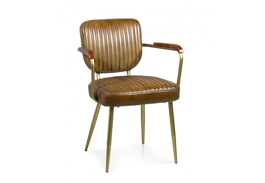 Designová retro kožená jídelní židle Denver v hnědé barvě s dekorativním prošíváním s opěrkami na ruce s dřevěnou plochou s kovovými nožičkami ve zlaté barvě