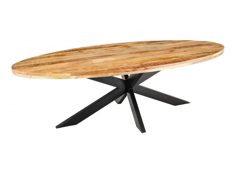 Designový industriální jídelní stůl Comedor s oválnou vrchní deskou z masivního mangového dřeva v naturální světle hnědé barvě s výraznou strukturou a tmavou patinou s podstavou z kovu v černé barvě se čtyřmi zkříženýma hranatýma nohama
