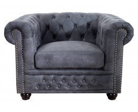 Vintage šedé křeslo Chesterfield Grau s ozdobným prošíváním s kulatými knoflíčky a potahem s efektem vintage kůže 105 cm