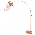 Moderní stojací lampa s vysokým obloukovým rámem z měděného kovu a kulatým stínítkem v půlkulovém tvaru