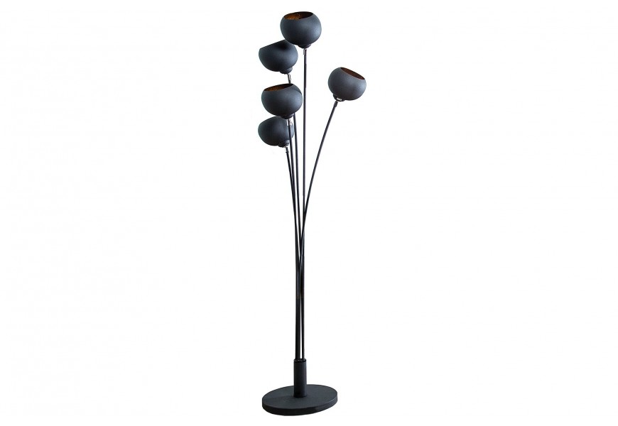 Industriální retro stojací lampa s pěti černými kovovými stínítky ve tvaru polokoule na ohnutých ramenech a kulatým podstavcem