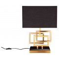 Stolní lampa s černým obdélníkovým textilním stínítkem a zlatou kovovou konstrukcí z propojených geometrických rámů