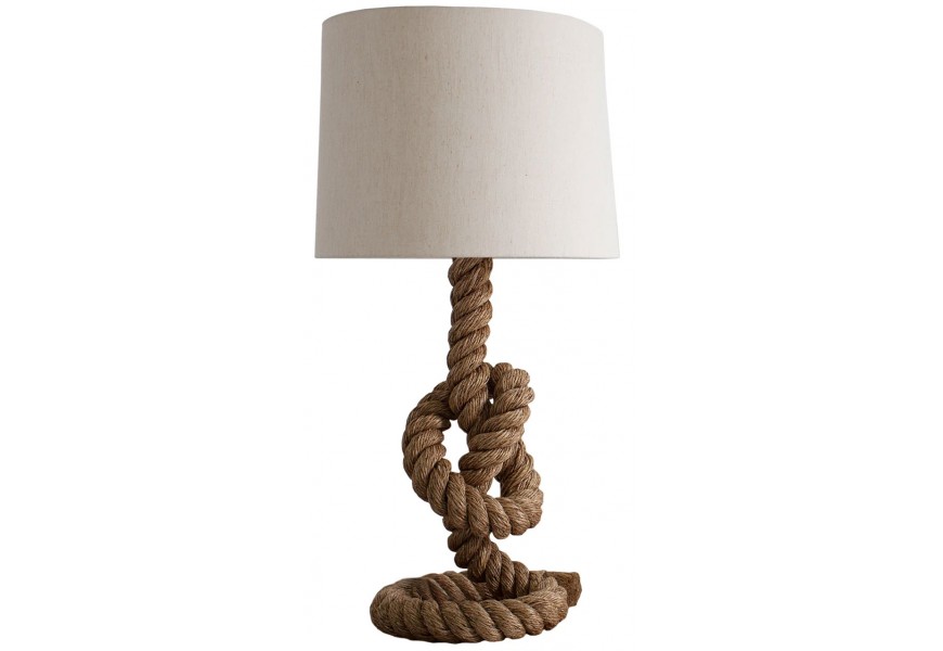 Venkovská stolní lampa s béžovým textilním stínítkem a základnou z tlustého lana s dekorativním uzlem v přírodním stylu