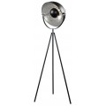 Industriální stojanová lampa s černým třínohým kovovým podstavcem a reflektorovým stínítkem v matné černé barvě s kontrastním stříbrným vnitřkem a vintage patinou
