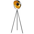 Industriální stojanová lampa s černým třínohým kovovým podstavcem a reflektorovým stínítkem v matné černé barvě s kontrastním zlatým vnitřkem a vintage patinou.