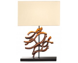Rustikální stolní lampa s obdélníkovým krémovým stínítkem a umělecky tvarovanou podstavou z kaučuku az přírodního dřeva v teplém hnědém odstínu