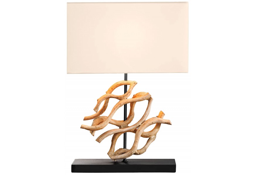 Rustikální stolní lampa s obdélníkovým krémovým stínítkem a umělecky tvarovanou podstavou z teakového dřeva ve světlém pískovém odstínu