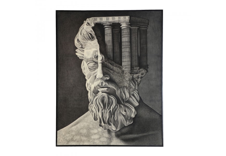 Surrealistický obraz s motivem antické busty muže a řeckých sloupů v hlavě v monochromatických tónech šedé s černým rámem