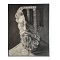 Surrealistický obraz s motivem antické busty muže a řeckých sloupů v hlavě v monochromatických tónech šedé s černým rámem
