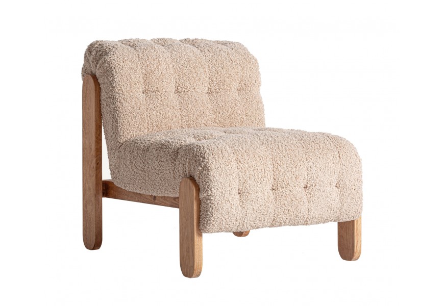 Produkt Luxusní retro béžové křeslo Aliona s bouclé potahem a masivní dřevěnou hnědou konstrukcí 89 cm