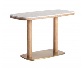 Luxusní glamour obdélníkový barový stůl Crtuy s bílou terrazzo deskou se zlatou podstavou a světlým dubovým dřevem 120 cm