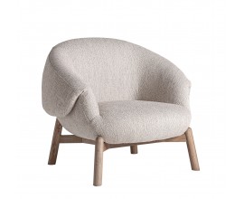Luxusné moderné okrúhle kreslo Mekan s béžovým textilným poťahom a dubovou podstavou 95 cm