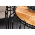 Designový industrialní kulatý masivní příruční stolek Ameras s hnědou deskou a atypickou černou kovovou konstrukcí 49 cm