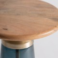 Luxusní glamour skleněný kulatý příruční stolek Asuris s dřevěnou vrchní deskou a modrou průhlednou podstavou 52 cm