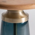 Luxusní glamour skleněný kulatý příruční stolek Asuris s dřevěnou vrchní deskou a modrou průhlednou podstavou 52 cm