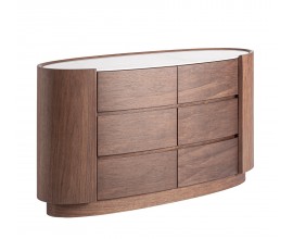 Luxusní moderní komoda Sophiette se šesti šuplíky v ořechové hnědé barvě s oválnou bílou mramorovou deskou 140 cm