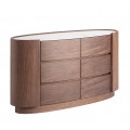 Luxusní designová minimalistická oválná komoda Sophiette z korpusem ze dřeva v ořechové hnědé barvě s viditelnou kresbou letokruhů se šesti zásuvkami a oválnou podstavou s vrchní deskou z bílého mramoru s vyvýšenými okraji