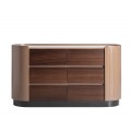 Luxusní designová oválná hnědá komoda Grisham se šesti šuplíky a bílou mramorovou deskou a černou podstavou 140 cm